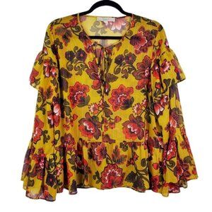 Loft Womens Bell Sleeve Yellow Red Floral Print Ruffle Chiffon Top Size M